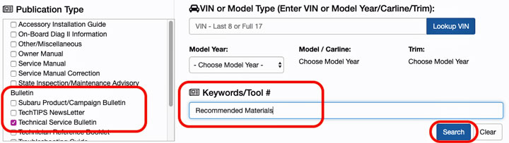 Subaru Recommended Materials search