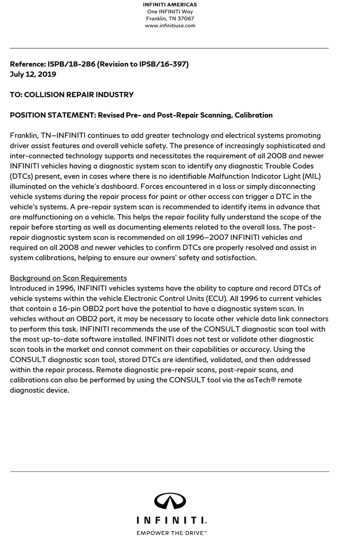 Nissan/INFINITI Position Statement: Pre- and Post-Repair System